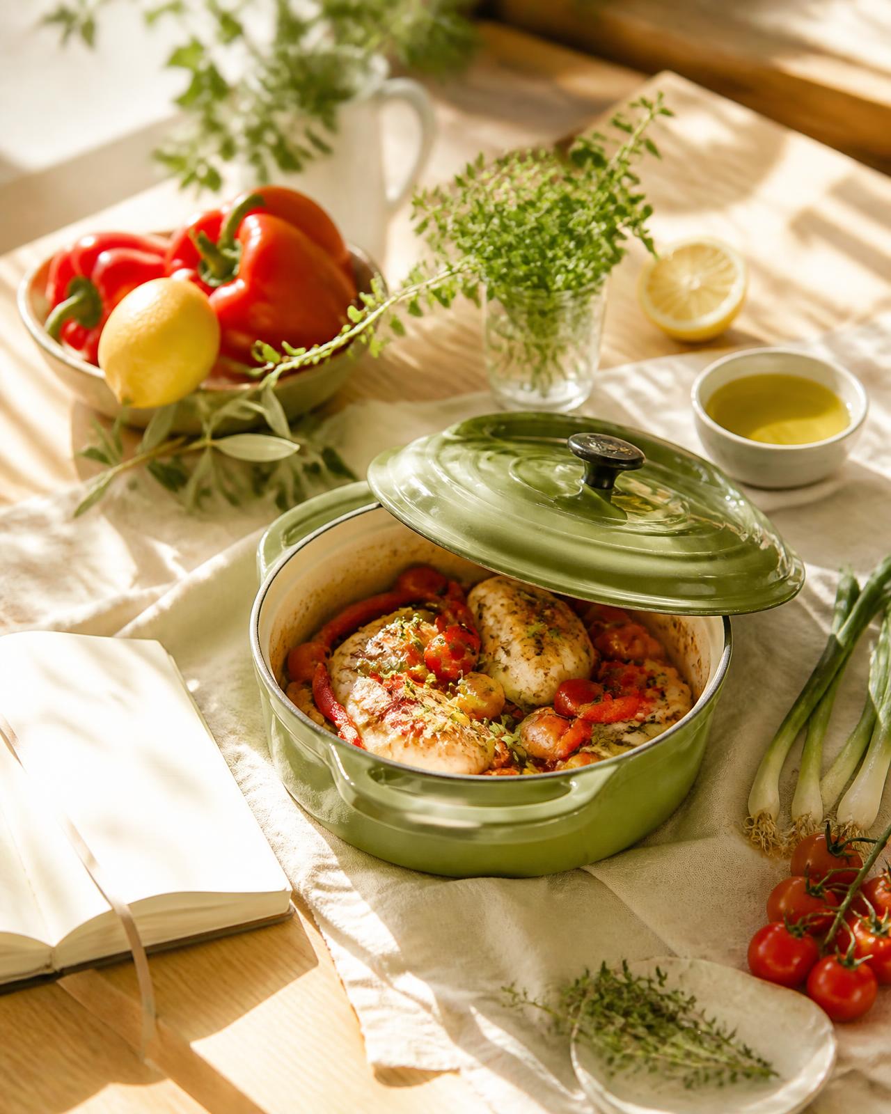 A kitchen table with an open notebook, fresh peppers, onions, carrots and a cast iron pot
