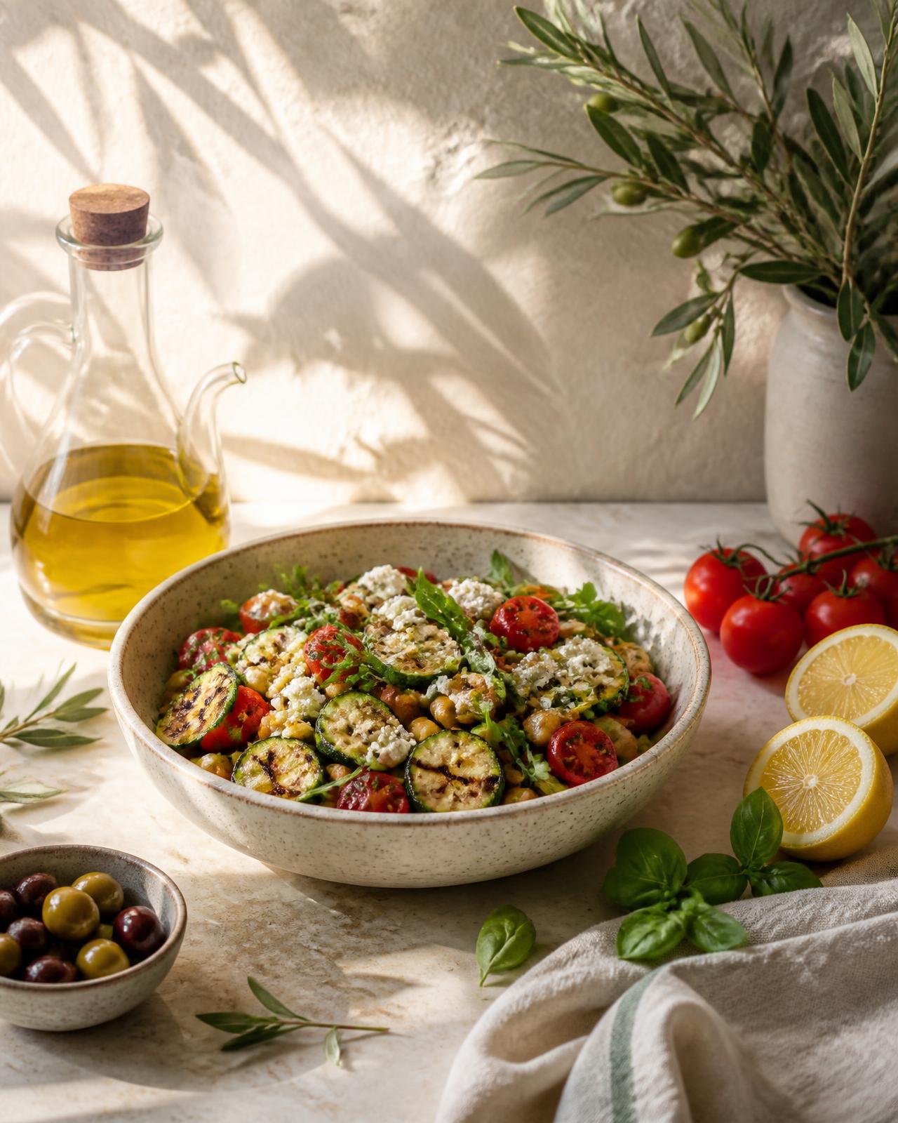 A sunlit marble kitchen counter with a ceramic bowl of grilled courgette and chickpea salad, olive oil, olives, lemons and olive branches
